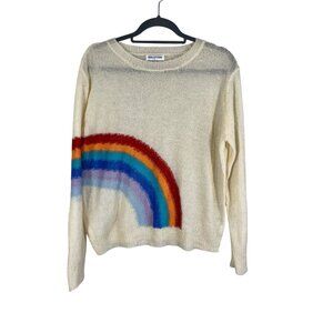 Retro Knit Sweater Rainbow Cream L Fuzzy Sheer Vibrant Soft Layering Chic Preppy